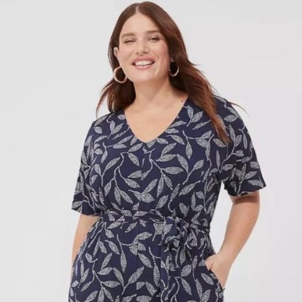 Lane Bryant Navy and White Leaf-Print Tie-Waist Jumpsuit